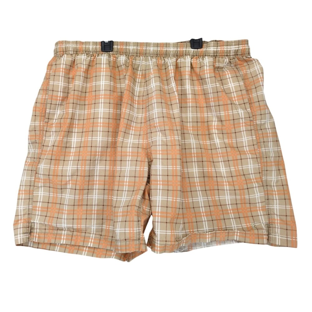 Izod PerformX Beige Plaid Swim Trunks Mens 2XL Elastic Waist 7" Inseam Preppy